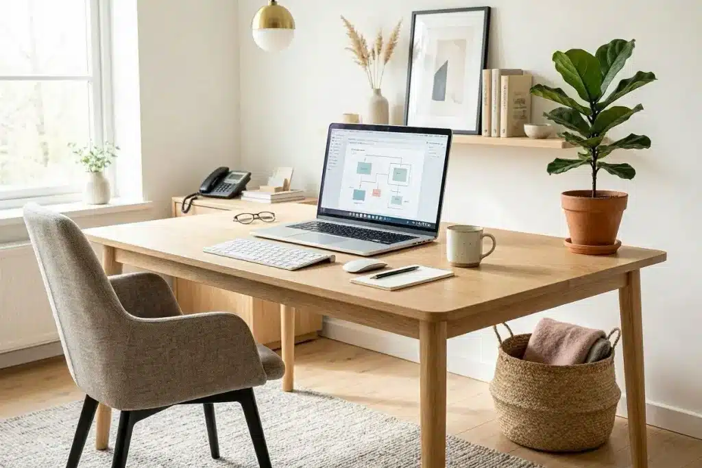 bureau de travail avec ordinateur portable sur table
