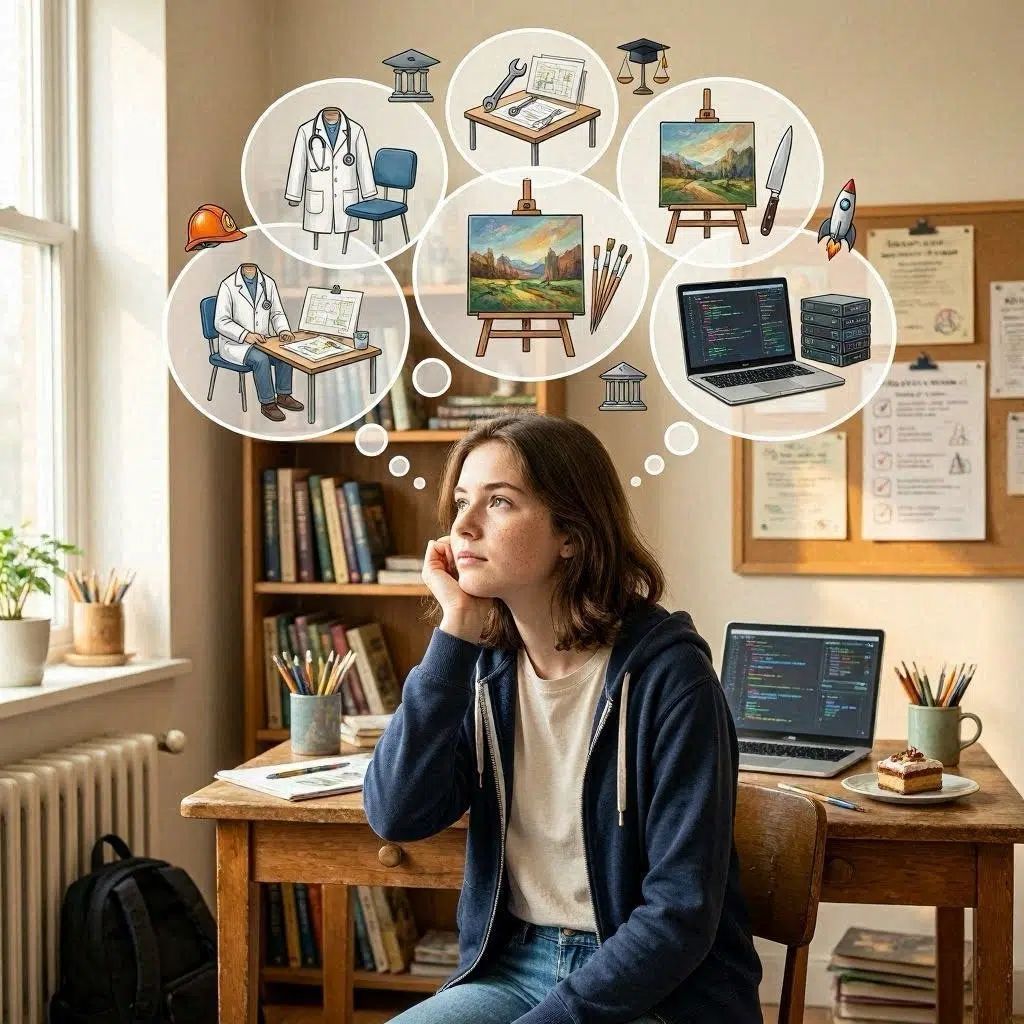 Étudiant assis en pleine réflexion, pensant à son avenir, à ses études ou à son projet professionnel.